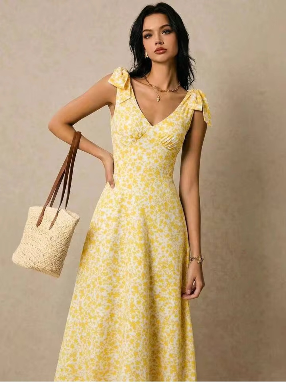 SHEIN Yellow Floral Tie-Shoulder Maxi Dress